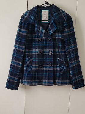 Aeropostale Women's Navy and Teal Plaid Peacoat